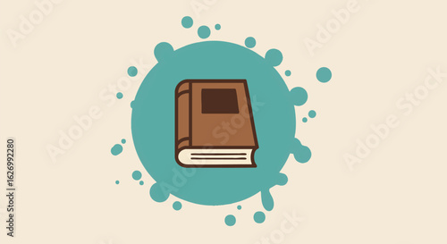 Classic brown book icon on a creative teal paint splatter background. Vector illustration concept for education and knowledge.