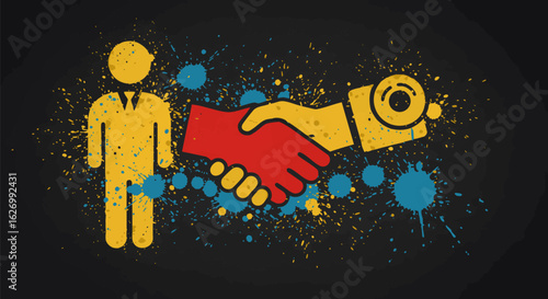 A graphic illustration of a human and a robot shaking hands. A concept for future collaboration, artificial intelligence, and technology partnership.