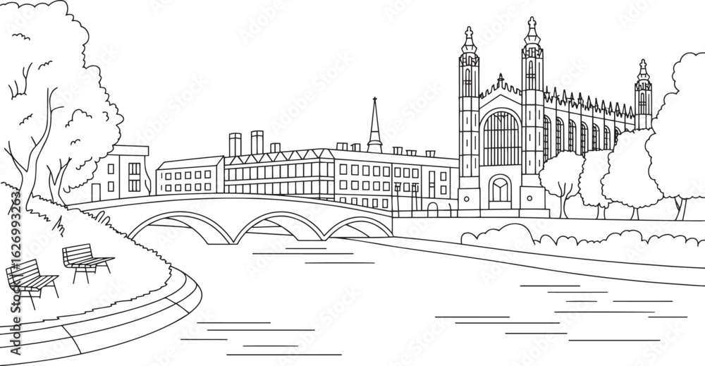 Obraz premium Cambridge Skyline Silhouette Vector Illustration with River Cam and University Outline Art