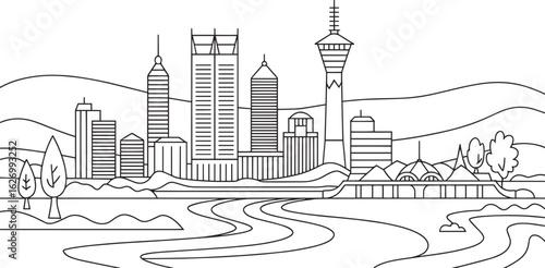 Calgary Alberta Canada Skyline Vector Illustration Design with Mountains and River Landscape