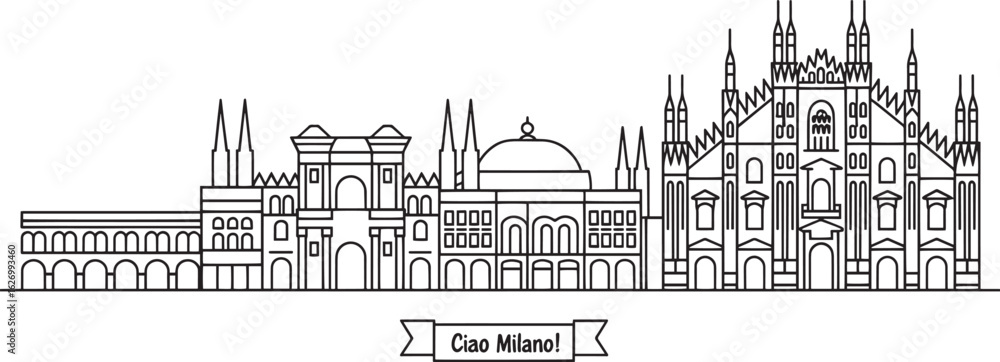 Obraz premium Ciao Milano Italy Skyline Linear Vector Illustration with Famous Landmarks and Buildings