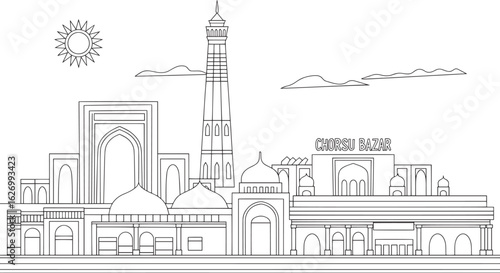 Chorsu Bazaar Skyline Silhouette Vector Illustration with Market and Cityscape Outline Art