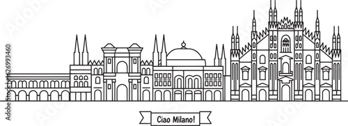 Ciao Milano Italy Skyline Linear Vector Illustration with Famous Landmarks and Buildings
