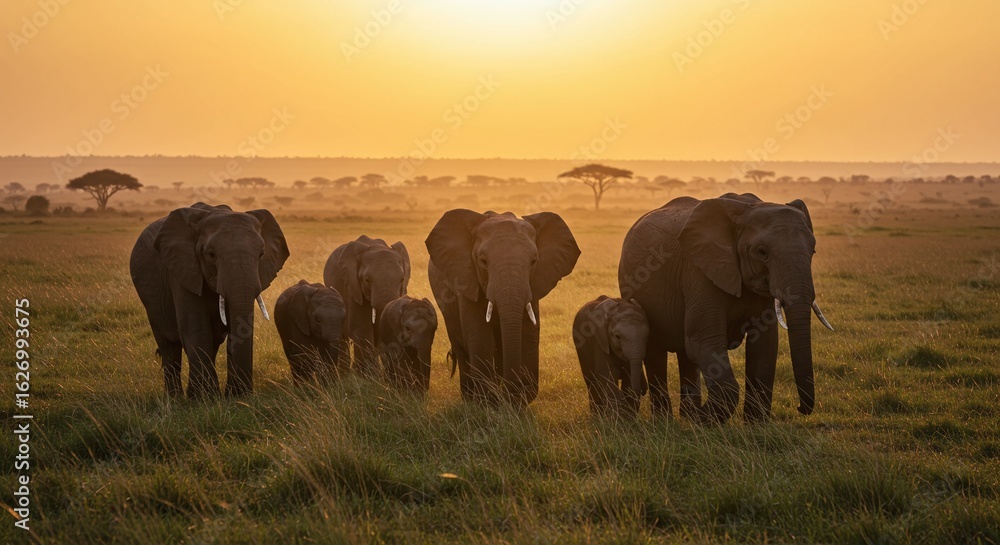 Fototapeta premium Majestic Elephant Herd Roaming the Serene African Savannah During a Golden Sunset - A Scene of Natural Beauty and Wildlife Wonder
