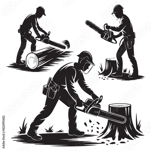 Silhouette of three lumberjacks with chainsaw cutting tree trunk and stump isolated on white background the vector illustration depicts forestry worker in action with logging equipment