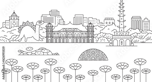 Detailed Line Art of a Cityscape with Dinosaurs and Modern Buildings Vector Design