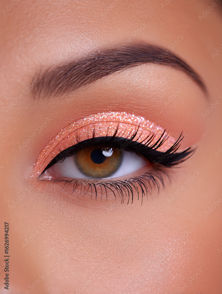 Fototapeta premium pastel peach background with glitter eyeliner closeup