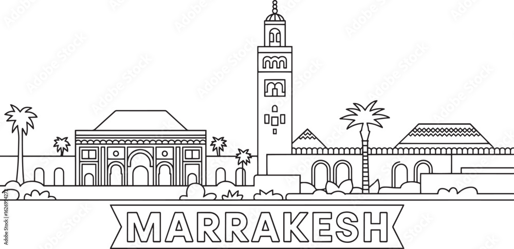 Fototapeta premium Detailed Line Art of Marrakech Skyline Silhouette Vector Illustration for Travel and Tourism Designs