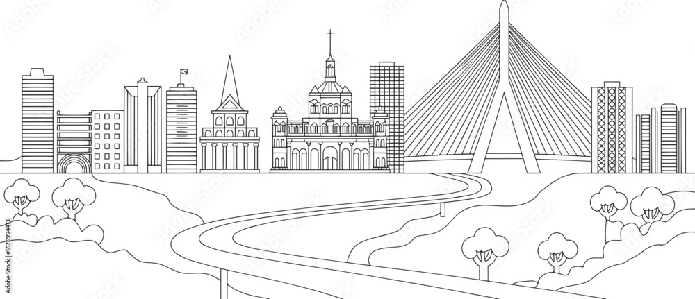 Obraz premium Detailed Line Art Skyline of a City with Modern Architecture and a Cable-Stayed Bridge Vector