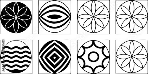 Eight square tiles displaying various black and white geometric and floral patterns arranged in a grid.