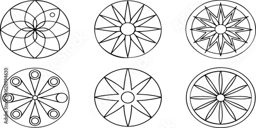 Six circular geometric designs with radial symmetry and varying patterns in black and white design.