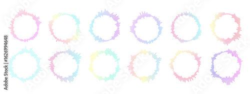 Vibrant circular sound wave made of neon dots. Dynamic vector design illustrating audio visualization in a futuristic, colorful style.