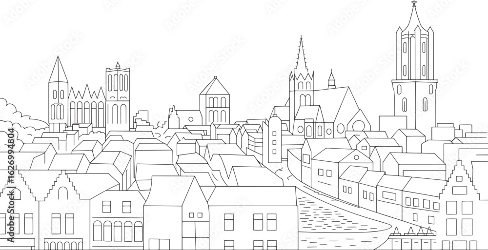 Obraz premium Detailed Linear Skyline of a European Town with Churches and Houses on a Transparent Backdrop