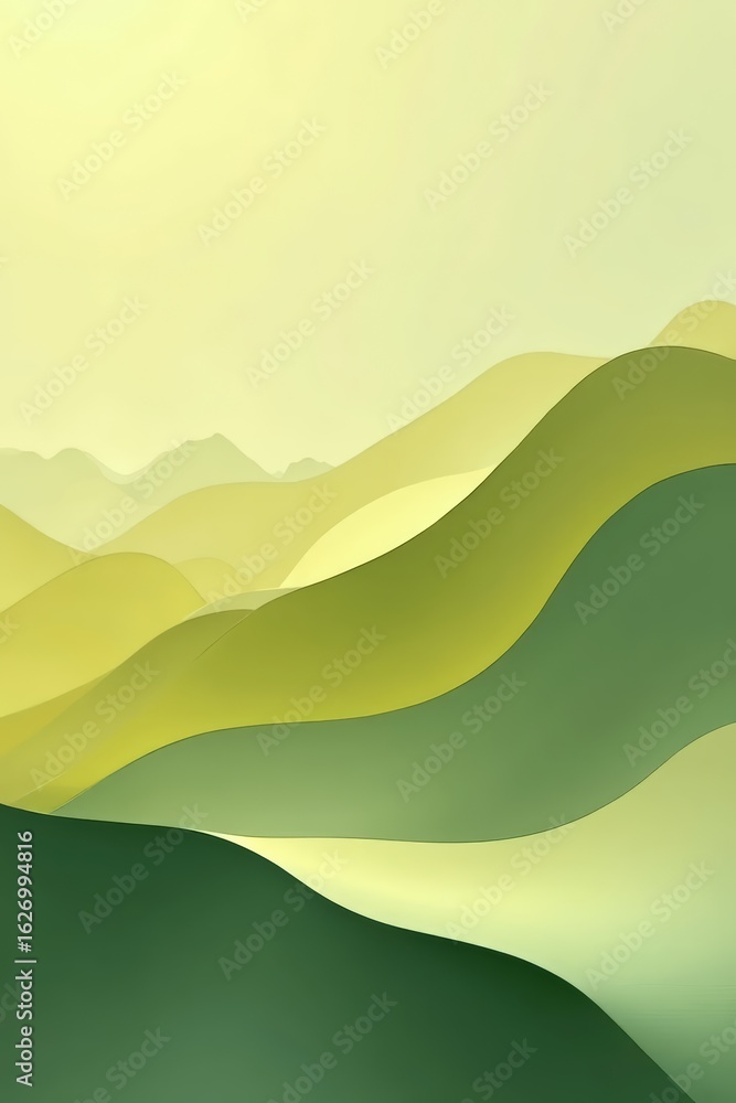 Fototapeta premium Serene landscape of rolling hills in soft green tones under gentle light