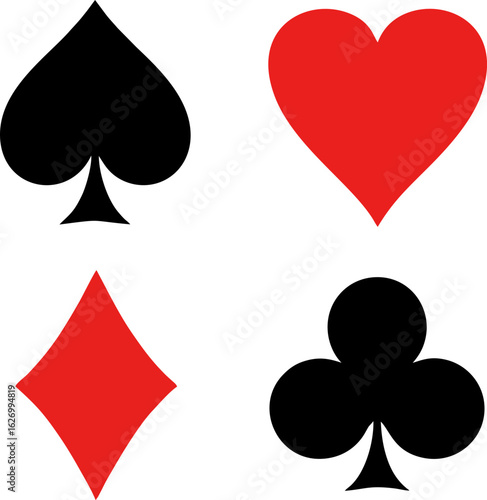 Elegant playing card suits graphic for casino, game night, or lucky design elements in vibrant red and black