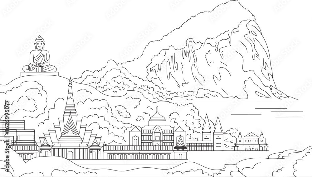 Fototapeta premium Detailed Mandalay Skyline Outline Vector Illustration Depicting Myanmar Cityscape with Landmarks
