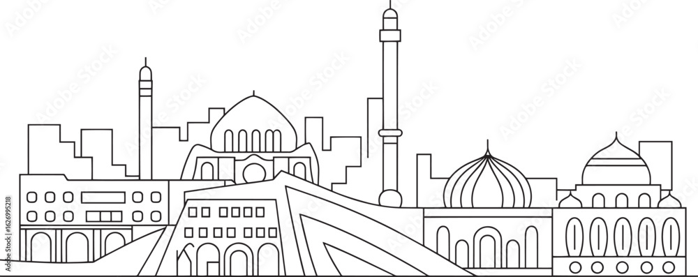 Fototapeta premium Detailed Outline of a Middle Eastern Cityscape Silhouette with Mosques and Modern Buildings
