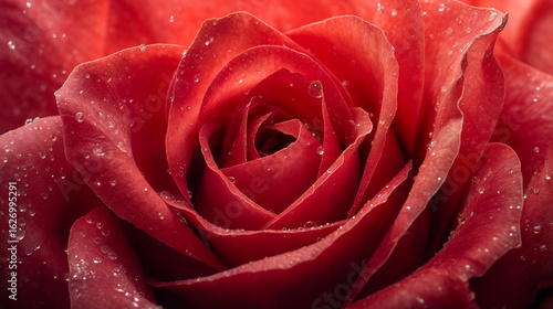 A close-up of a bright red rose with delicate petals and tiny water droplets, capturing the beauty and detail of the flower.