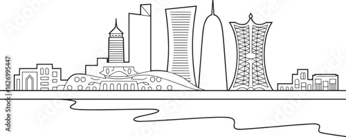 Doha Qatar Skyline Silhouette Outline Vector Illustration with Modern Architecture and River View