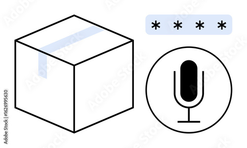 Sealed box beside microphone icon and masked password field. Ideal for security, logistics, technology, authentication, privacy, innovation, simple landing page