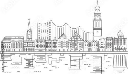 Hamburg Skyline Outline Vector Illustration Featuring German Landmarks and Waterfront