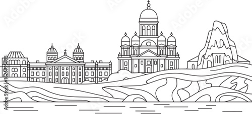 Helsinki Finland Skyline Linear Silhouette with Landmark Buildings and Cityscape Outline Design