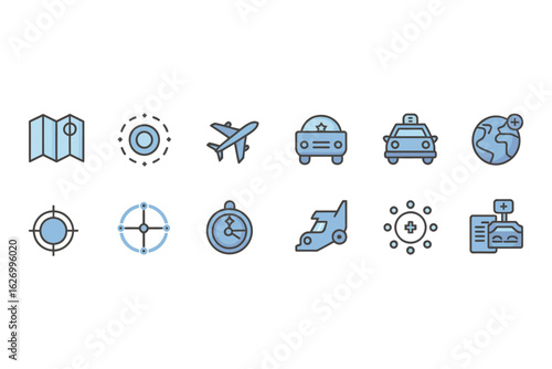 Collection of travel and location themed icons in blue and black outline on a white background