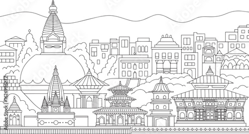Kathmandu Cityscape Outline Vector Illustration with Temples, Buildings, and Mountain Backdrop
