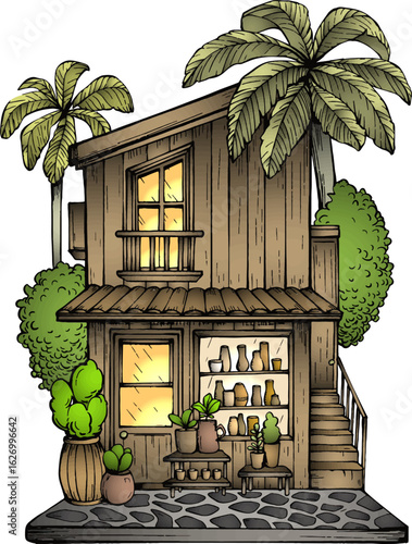 wooden villa with pottery vector illustration