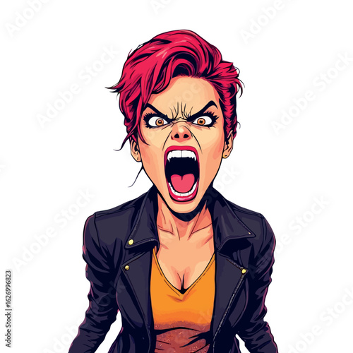 Vsai angry punk woman shouting with open mouth and red hair
