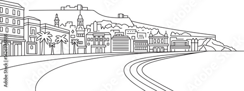 Nice Cityscape Outline Vector Illustration with Buildings, Palm Trees, and Coastal Scenery