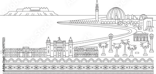 Oman Skyline Vector Illustration Muscat Landmarks Outline Style Middle East Architecture Design