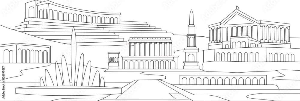 Fototapeta premium Yerevan Skyline Silhouette Vector Illustration with Cascade Complex Outline Design