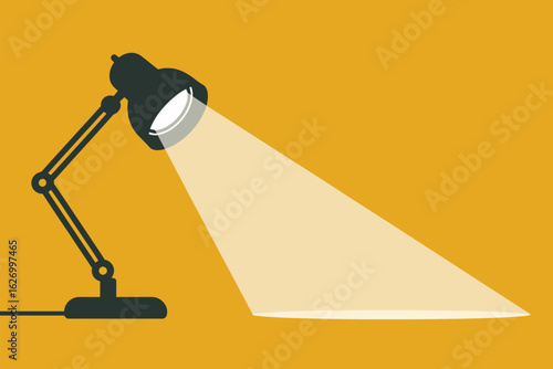 Illustration of a black desk lamp with a beam of light on a yellow colored background