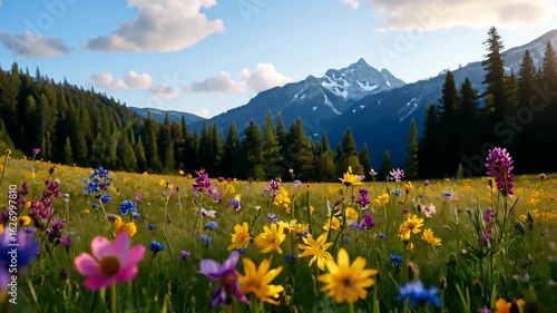 Vibrant wildflower meadow in bloom with majestic mountain backdrop on a sunny day