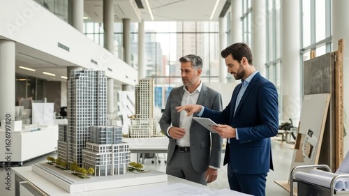 Discussing Architectural Model in Bright Office Space with Tablet