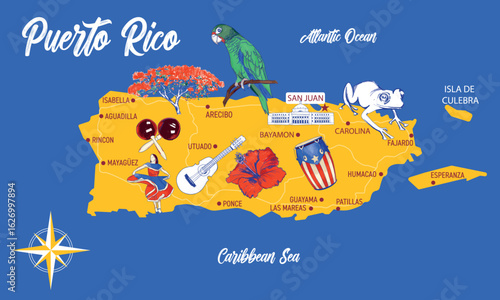 Map of Puerto Rico, branding technology concept. Collection of flat vector web icons. Latin culture travel set, architectures, specialties detailed silhouette. Doodle famous landmarks illustration.