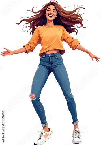 Vsai happy young woman jumping with open arms and flowing hair