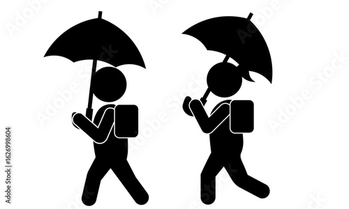 雨の日に傘をさして登校する小学生のピクトグラム