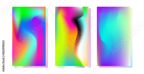 Vector illustration features vibrant, abstract gradients in a modern, fluid style. The theme is futuristic with smooth, blurred shapes and bold colors like blue, pink, orange, green, and yellow.
