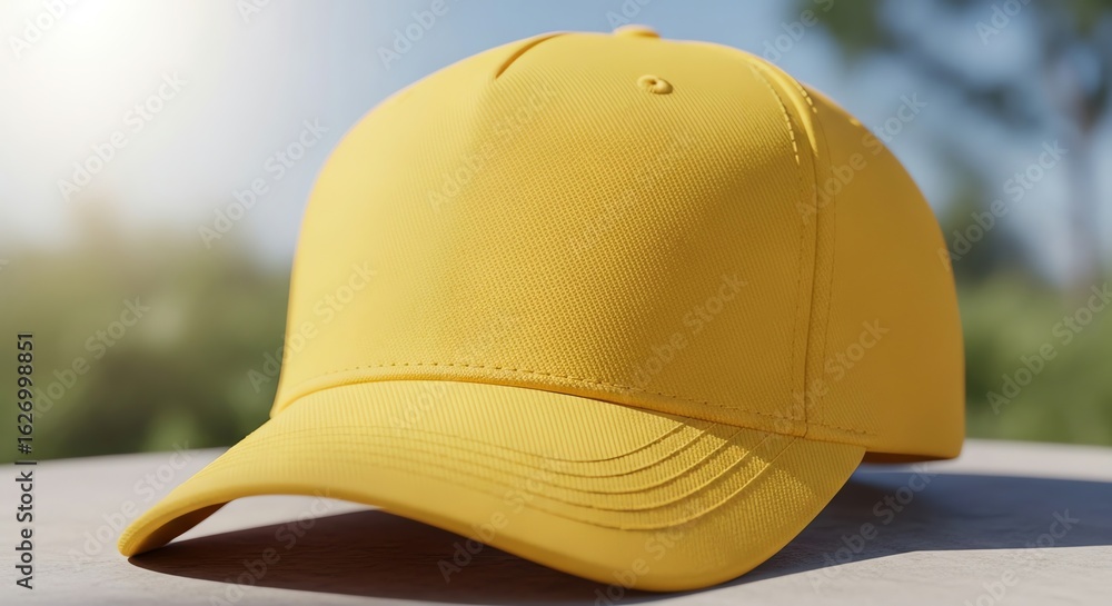 Fototapeta premium Clean yellow baseball cap template for logo design and branding, displayed outdoors in sunny, natural light.