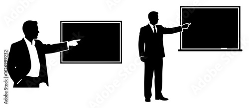 Vector art of two businessmen in suits pointing at blackboards isolated on white background