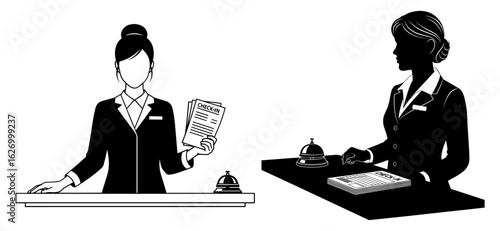Vector art of receptionist at the hotel front desk with a bell and documents, isolated on white background