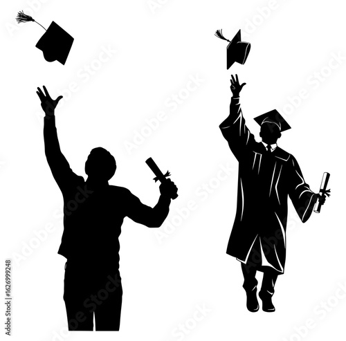 Vector art of graduates tossing caps and holding diplomas, isolated on white background