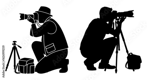 Vector art of silhouette of two photographers crouching with cameras and tripods, isolated on white background