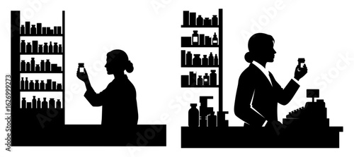 Vector art of silhouette of two pharmacists or pharmacy staff with shelves of bottles and a cash register, isolated on white background