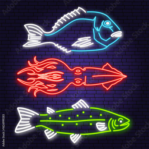 Set of best seafood neon sign fish trout, squid, dorado. Vector illustration. For seafood emblem, sign, patch, shirt, menu restaurants, fish markets, stores. Neon sign, bright signboard, light banner