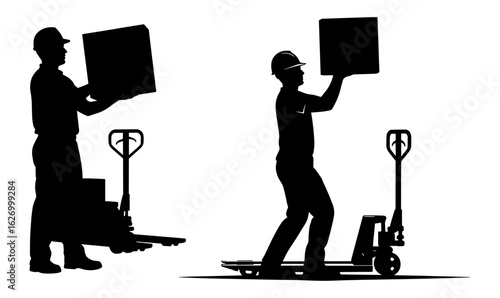 Vector art of silhouette of workers lifting and moving boxes with pallet jacks, isolated on white background