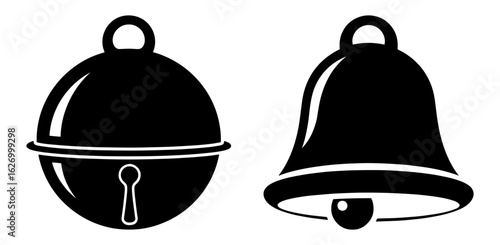 Vector art of two black silhouette bells, one round and one classic, isolated on white background for sound and alerts