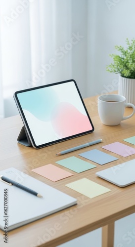 Modern Workspace with Tablet Stationery and Coffee